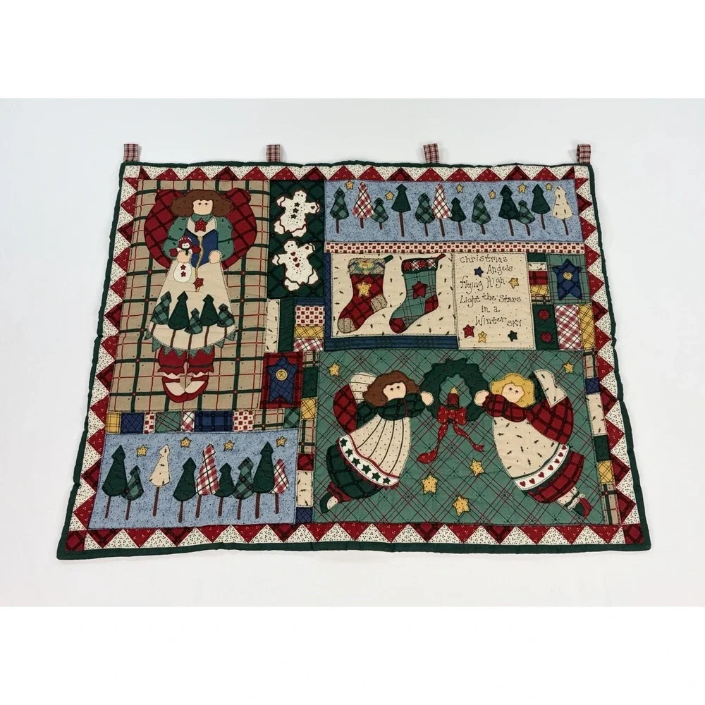 Vintage Christmas Quilted Wall Hanging Angel Stocking Patchwork Holiday 25x30